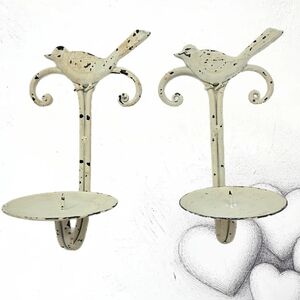 Bird Pillars Candle Holders Off White Patina Shabby Chic Rustic Farm House Metal